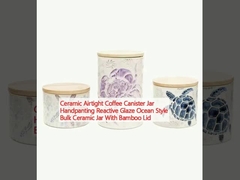 Ceramic Airtight Canister Jar Handpanting Reactive Glaze Ocean Style Ceramic Jar With Bamboo Lid
