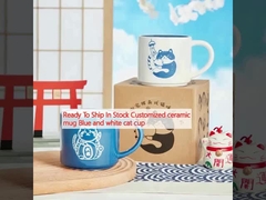 Ready To Ship In Stock Customized ceramic mug Blue and white cat cup