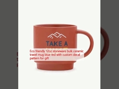 Eco friendly 12oz stoneware bulk ceramic travel mug blue red with custom decal pattern for gift